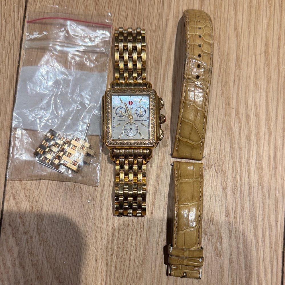 Michele Gold with Diamonds Art Deco Watch with extra chain links and strap